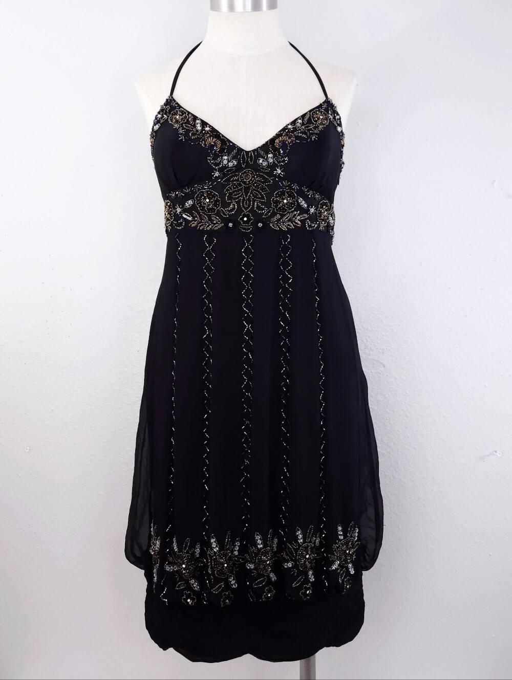 Vintage Adrianna Papell Beaded Silk Halter Dress Size 6 Black Y2K